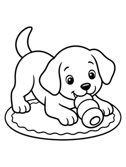 A cheerful puppy plays on a rug in this dog coloring page.