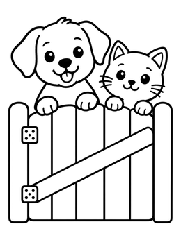 A cute puppy and kitten peeking over a fence on this sweet dog coloring page.