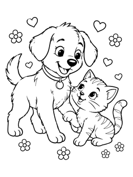 A cheerful puppy and cute kitten play together in this sweet dog coloring page.