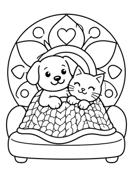 A cute puppy and kitten cuddle under a blanket on an armchair in this dog coloring page.