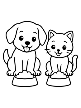 A puppy and kitten sit beside their bowls in this sweet dog coloring page.