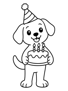 A cute puppy in a party hat holding a cake in this dog coloring page.