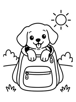 A cheerful puppy sits inside a backpack on this cute dog coloring page.