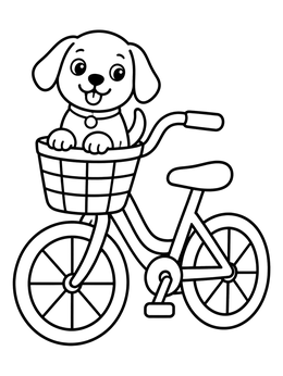A cheerful puppy sitting inside a bicycle basket on this cute dog coloring page.