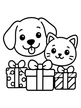 A cheerful puppy and kitten with presents on this dog coloring page.