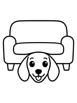 A cute puppy peeking under a couch on this easy dog coloring page.