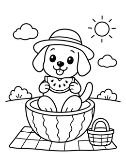 A cute dog coloring page showing a puppy in a sunhat eating watermelon during a summer picnic.