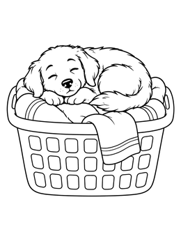 A peaceful dog coloring page with a fluffy puppy resting inside a basket full of towels.