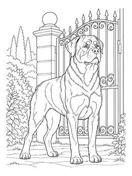 An alert Rottweiler standing by an iron gate in this detailed dog coloring page.