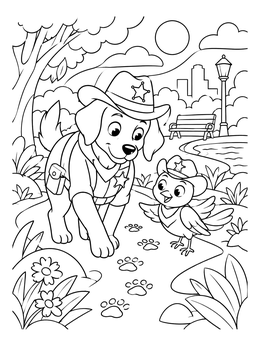 A friendly dog and bird in hats inspect pawprints in a park on this sheriff coloring page.