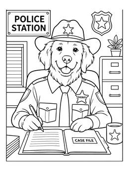 A friendly dog officer takes notes at a desk in this sheriff coloring page.