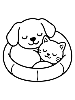 A cute puppy and kitten sleep together in this dog coloring page.