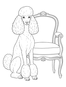 An elegant poodle sits gracefully beside a vintage armchair in this dog coloring page.