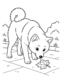 Free printable Shiba Inu Sniffing An Autumn Leaf coloring page