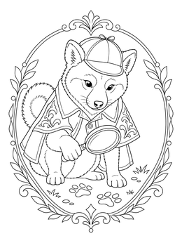A clever detective dog examines paw prints on this doge coloring page framed by leaves.