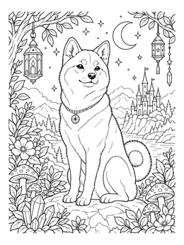 A noble Shiba Inu sits outdoors in this doge coloring page with crystals and lanterns.