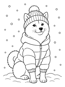 A cozy doge coloring page featuring a Shiba Inu dressed in a warm winter jacket and beanie in snow.