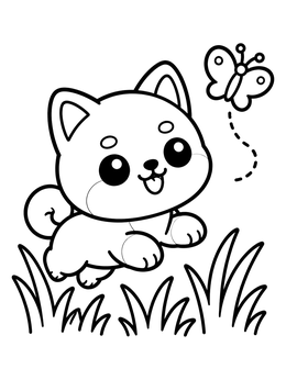 Free printable Shiba Inu Puppy Chasing Butterfly coloring page