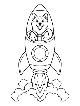 A cheerful Shiba Inu flies into space on this doge coloring page.