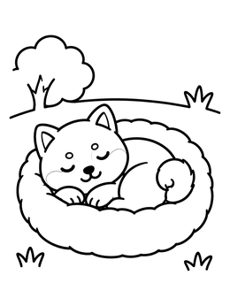 Free printable Sleeping Shiba Inu Puppy In Pet Bed coloring page