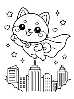 Free printable Superhero Shiba Inu Flying Over City coloring page