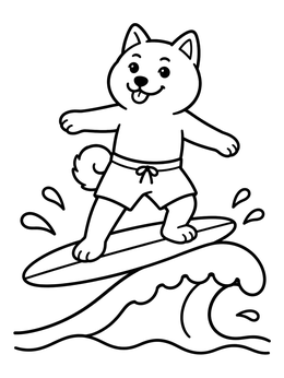 A happy doge coloring page featuring a Shiba Inu surfing on an ocean wave.