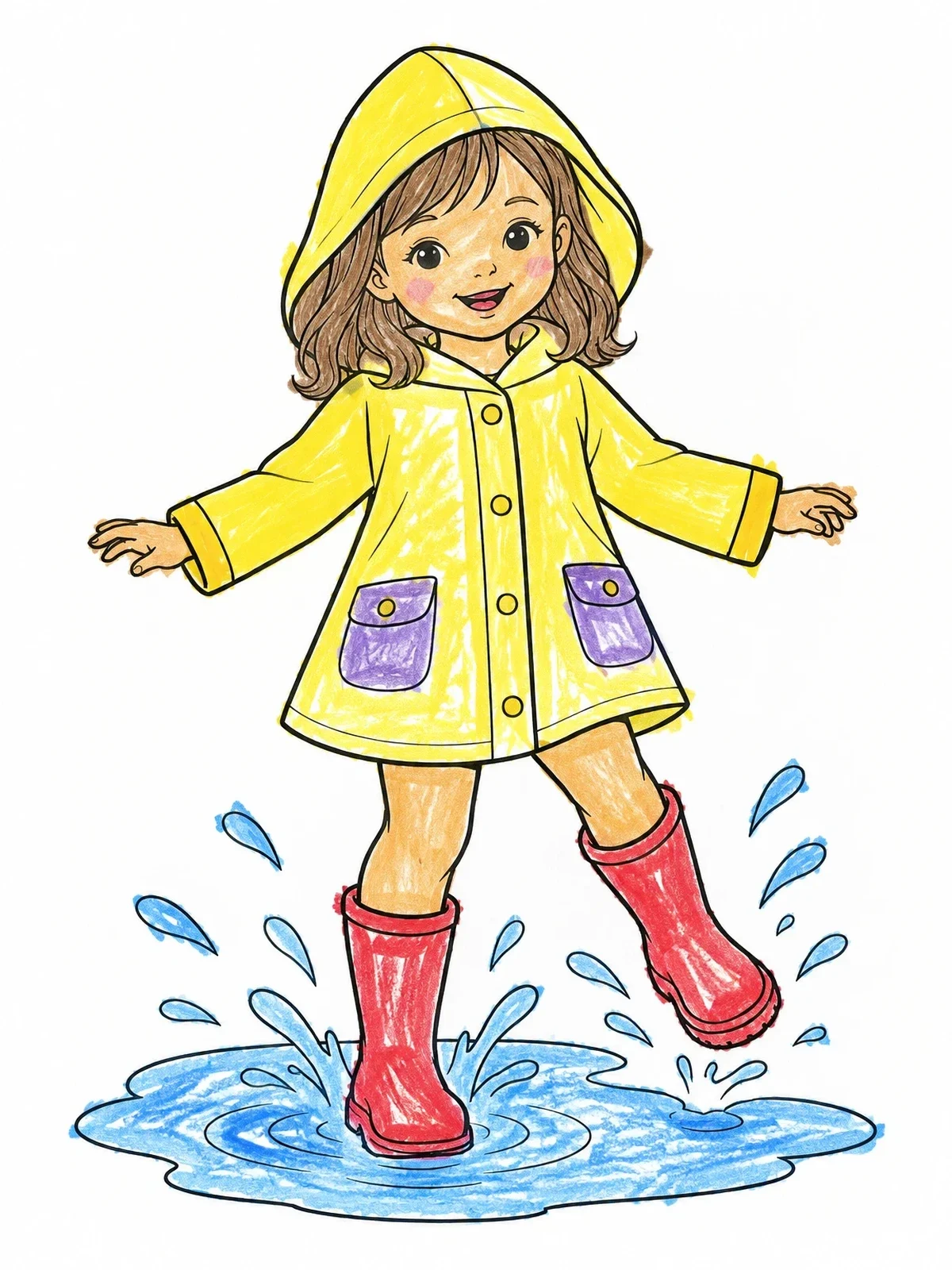 Colored example of the Cheerful Doll Splashing In Rain Puddle coloring page