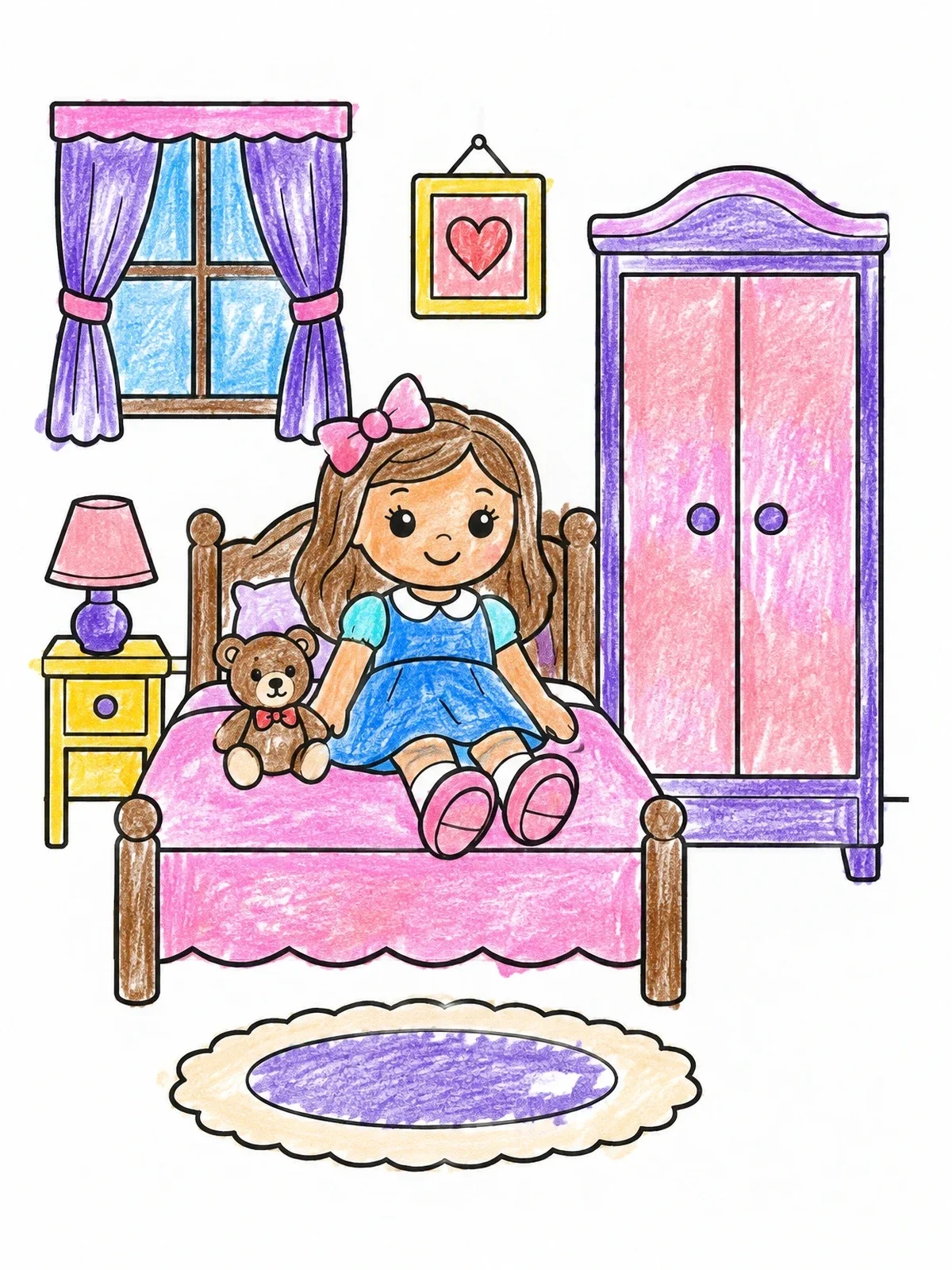 Colored example of the Doll Sitting In Cozy Bedroom coloring page