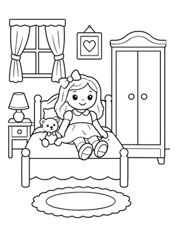 Free printable Doll Sitting In Cozy Bedroom coloring page