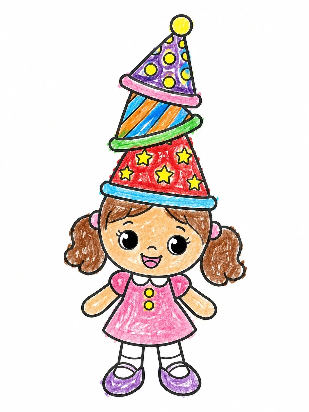 Colored example of the Doll With Stacked Party Hats coloring page