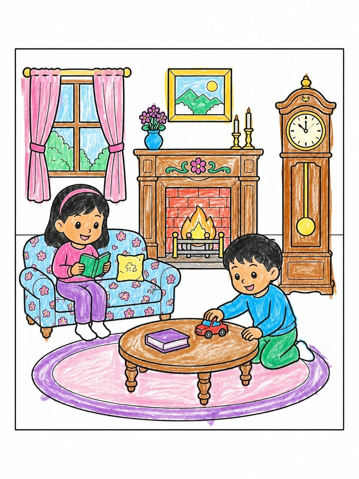 Colored example of the Cozy Dollhouse Living Room Play coloring page