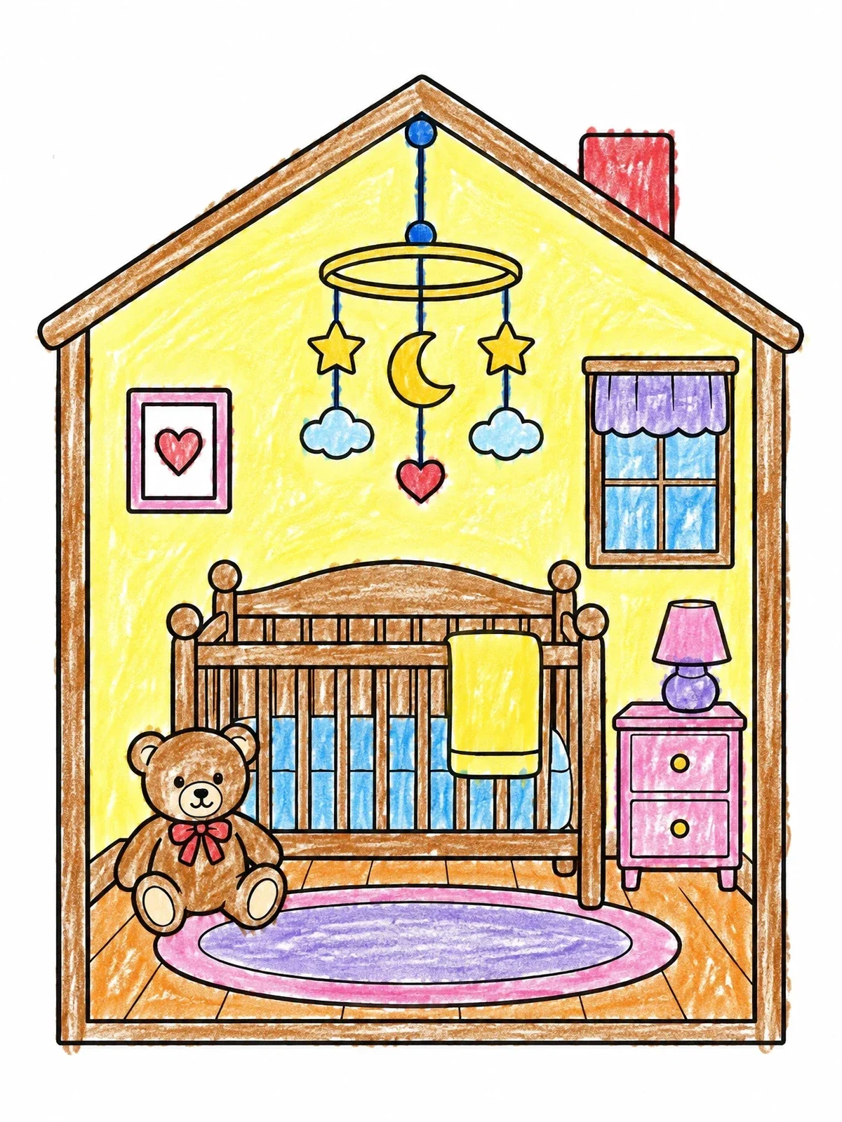 Colored example of the Dollhouse Nursery With Crib And Teddy Bear coloring page