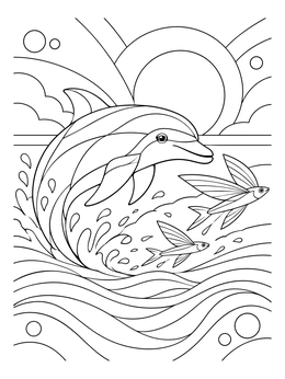 A playful dolphin coloring page featuring flying fish over stylized ocean waves.