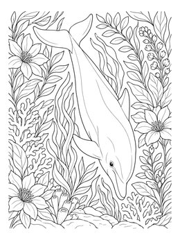 A graceful dolphin coloring page featuring lush underwater foliage and coral.