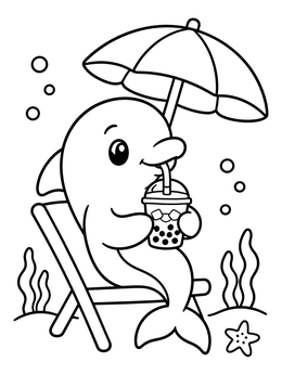 A cute cartoon dolphin coloring page relaxing in a beach chair while drinking iced boba tea.