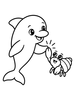 A cheerful dolphin coloring page featuring a dolphin giving a high-five to a little hermit crab.