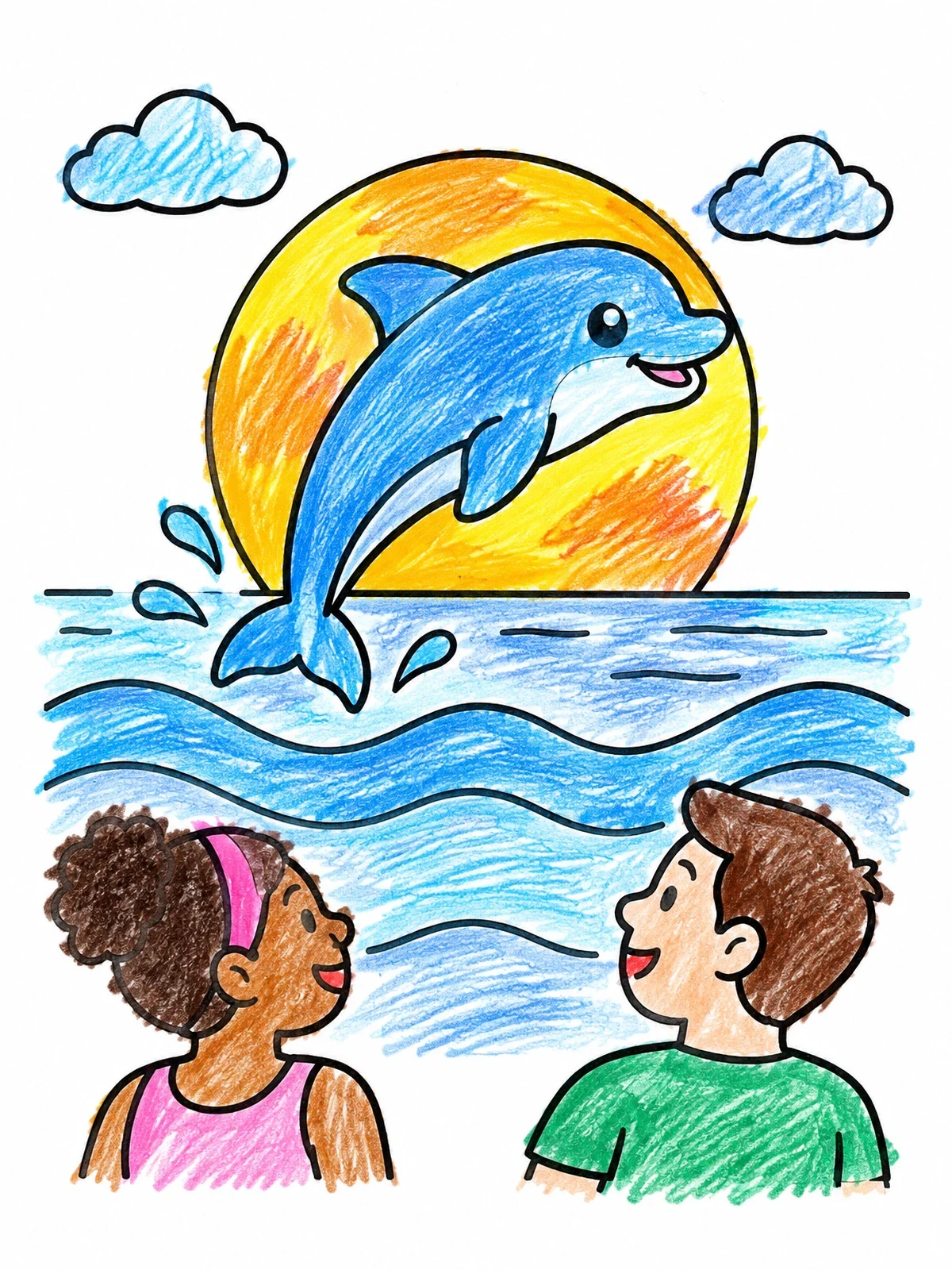Colored example of the Dolphin Jumping At Sunset With Kids coloring page