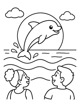 Free printable Dolphin Jumping At Sunset With Kids coloring page