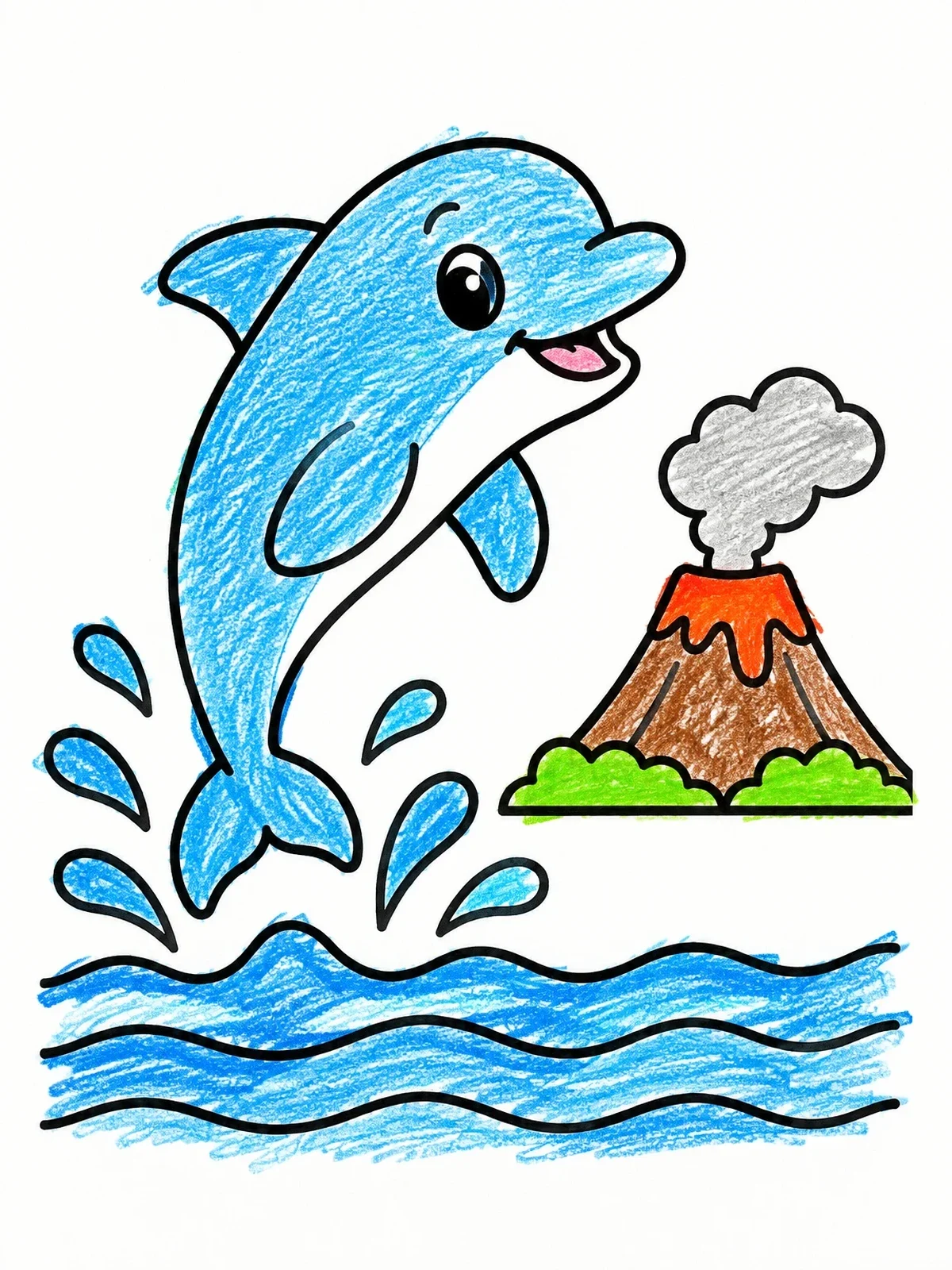 Colored example of the Playful Dolphin Leaping By Volcano coloring page