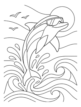 A cheerful dolphin leaps from waves in this sunglasses coloring page.