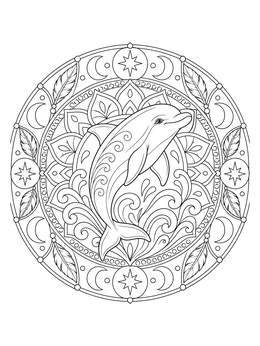 A peaceful dolphin coloring page framed by an ornate circular mandala with stars and moons.