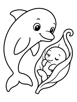 A friendly dolphin looks at a sleeping baby dolphin coloring page.