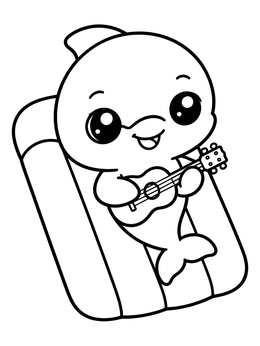 A cute cartoon dolphin coloring page showing the sea creature playing a tiny ukulele on an inflatable raft.