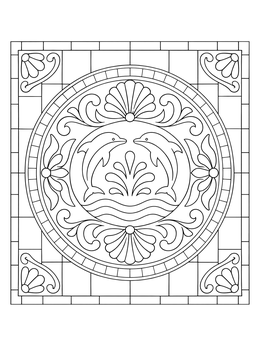 A symmetrical dolphin swimming pool mosaic coloring page surrounded by shells and tiles.