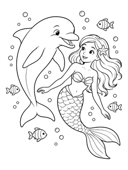 A cheerful mermaid and playful dolphin coloring page with little ocean fish.