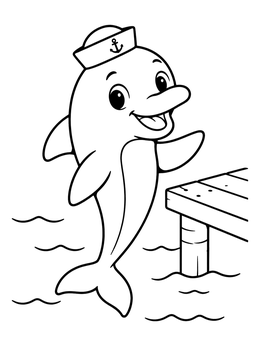 A cheerful dolphin wearing a sailor hat next to a wooden pier on this dolphin coloring page.