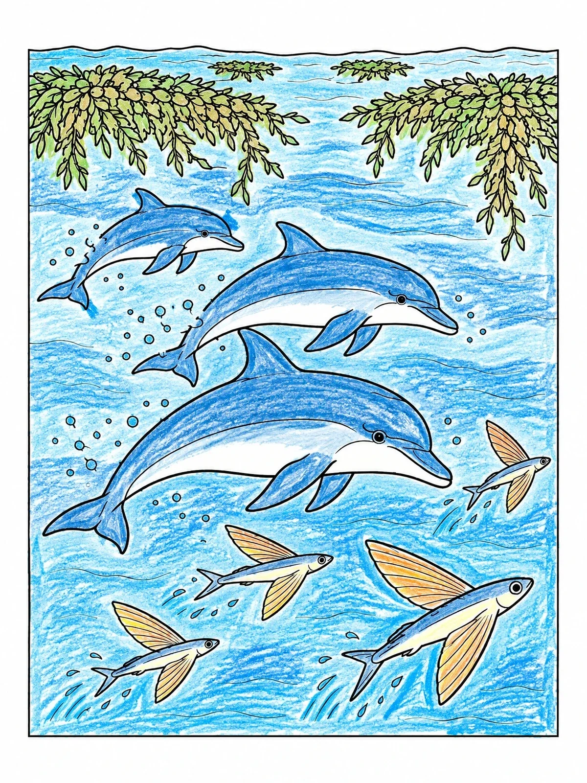 Colored example of the Dolphins And Flying Fish Ocean Scene coloring page