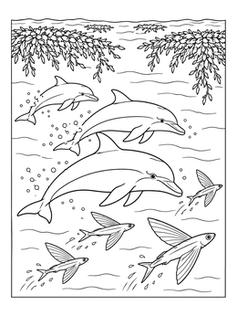 Dolphins pursue flying fish in this dynamic ocean ecosystem coloring page.