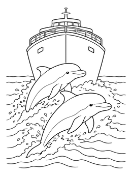 A dynamic dolphin coloring page featuring two dolphins leaping in front of an ocean ship.