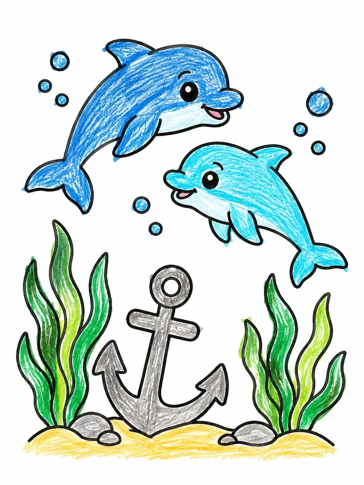 Colored example of the Dolphins Swimming Over Underwater Anchor coloring page